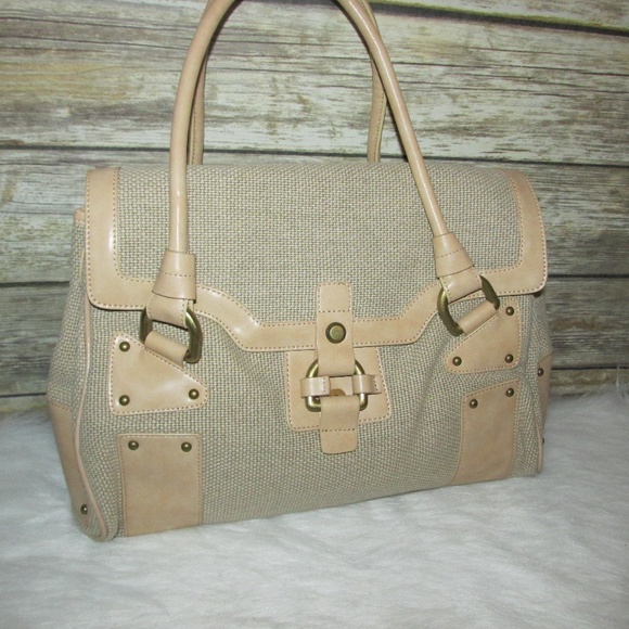Nicoli Beige Woven Linen Italian Leather Bag